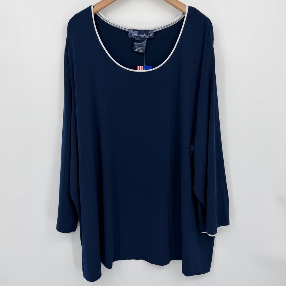 NWT Susan Graver Style Navy Blue White-trimmed Boat Neck 3/4 Length Sleeve Top